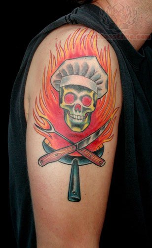 Burning Chef Skull And Knives With Pan Tattoo On Half Sleeve