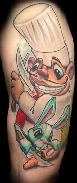Cartoon Chef Rabbit And Carrot Tattoo On Half Sleeve