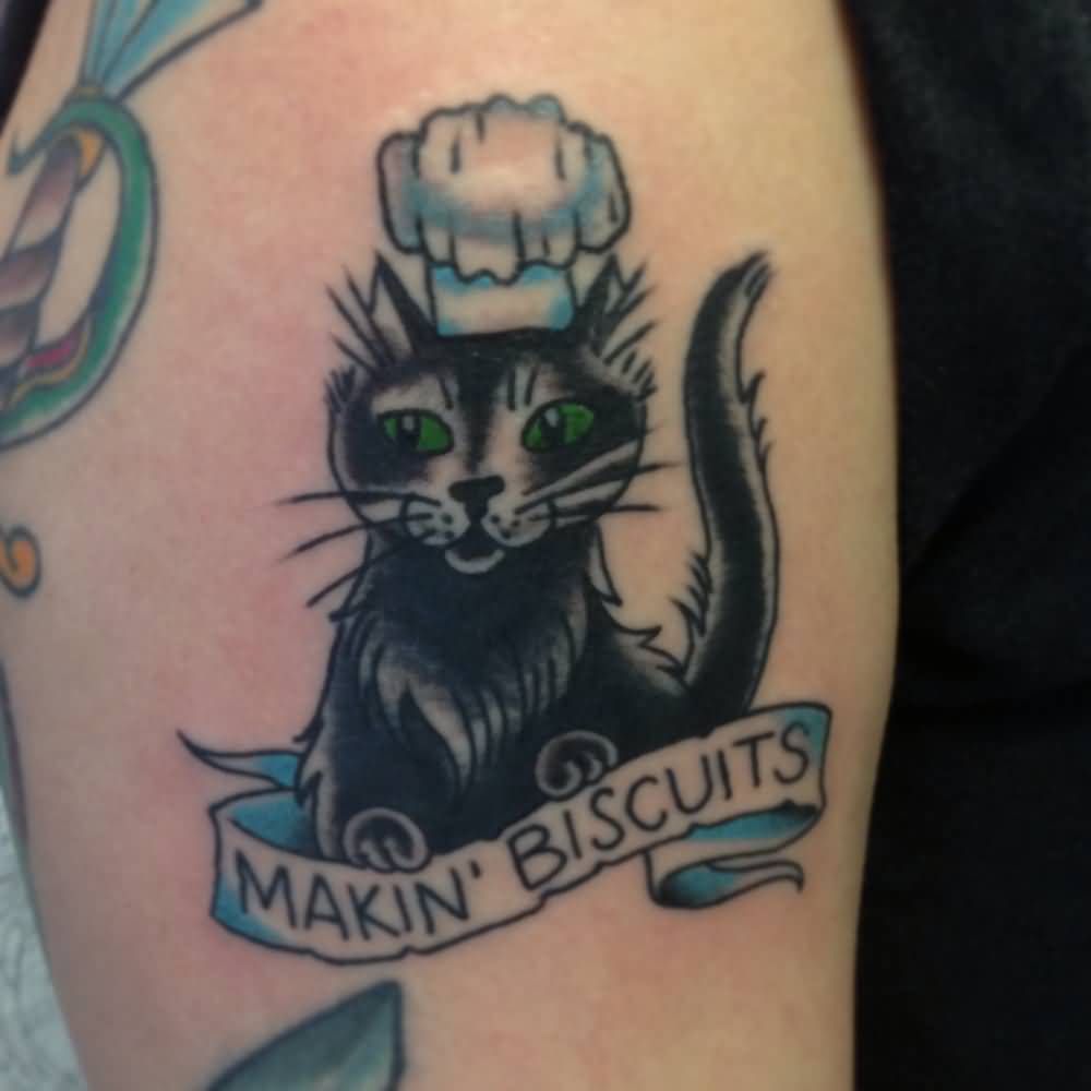 Cat Wearing Chef Hat With Making Biscuits On Banner Tattoo On Half Sleeve