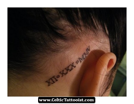 Celtic Roman Numerals Tattoo On Behind Ear