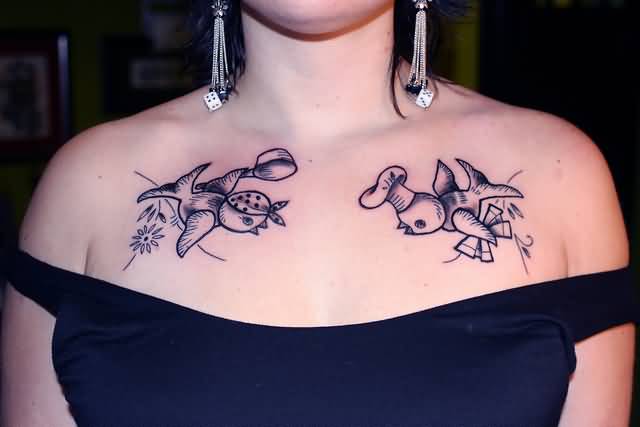 Chef Birds Tattoo On Chest For Girl