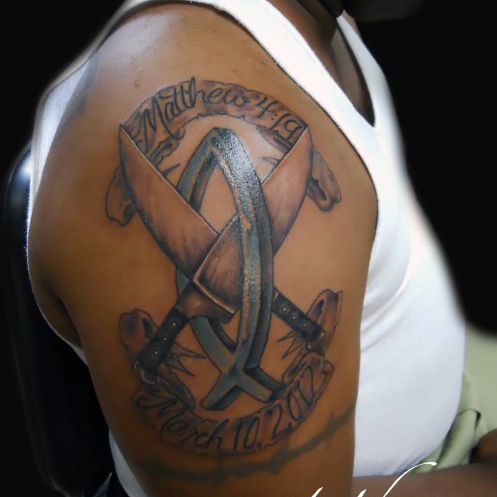 Chef Crossed Knives With Lettering Banner Tattoo On Half Sleeve For Men