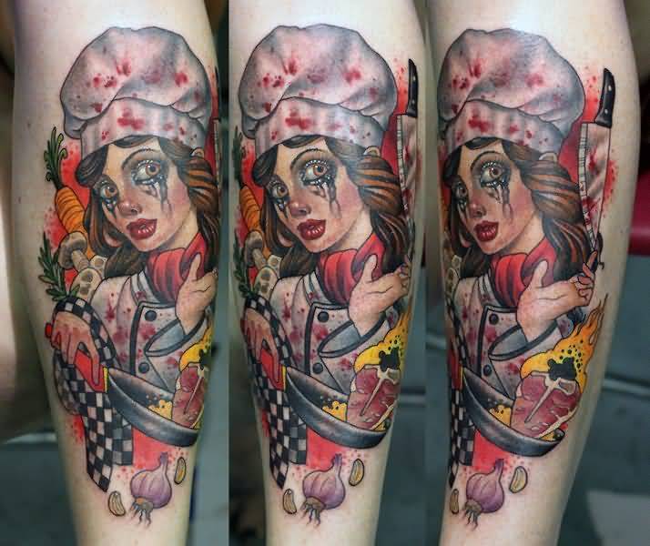 Chef Girl With Knife, Meat Piece And Onions Tattoo On Forearm