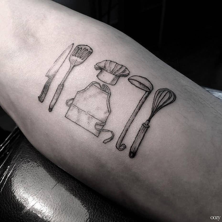 Chef Hat With Apron With Other Stuff Tattoo On Forearm