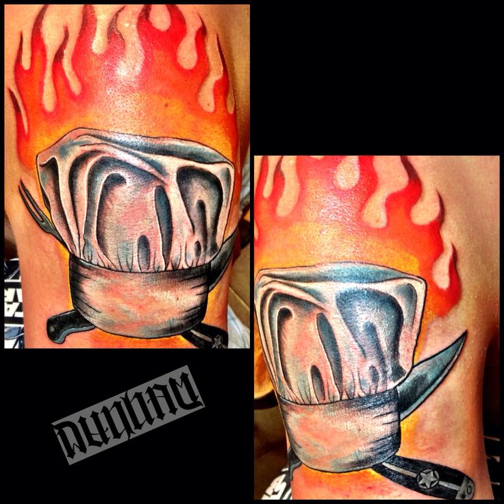 Chef Hat With Flames And Knives Tattoo