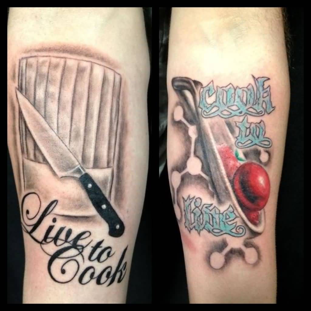 Chef Hat With Knife And Lettering And Kitchen Utensil Tattoo On Forearms