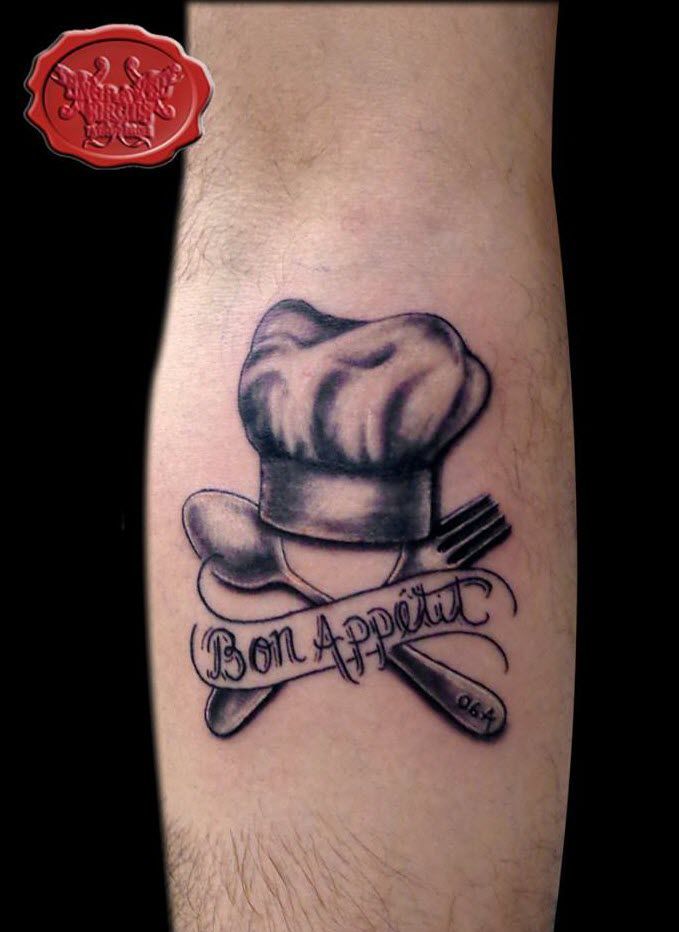 Chef Hat With Spoons And Bon Appitit Banner Tattoo On Forearm