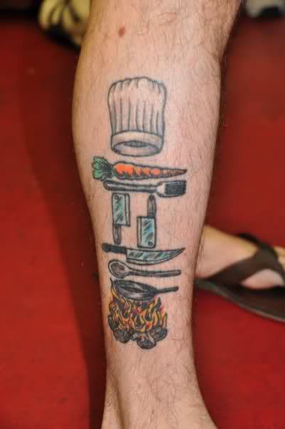 Chef Hat With Utensils And Knives Tattoo On Leg