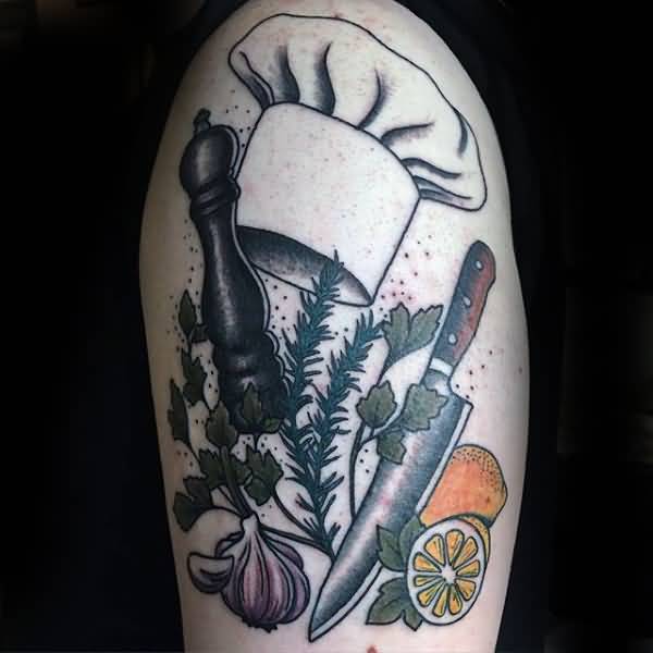 Chef Hat With Vegetables, Knife And Pepper Tattoo On Half Sleeve