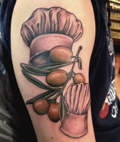 Chef Hats With Fruits Tattoo On Half Sleeve