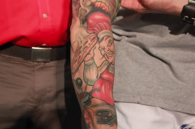 Chef Holding Pizza Tattoo On Sleeve For Men