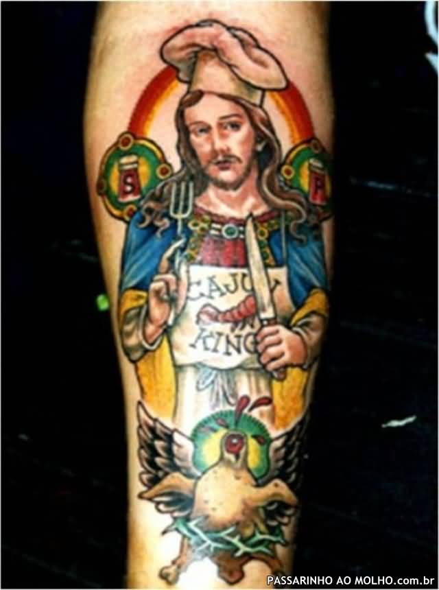 Chef Jesus Holding Knife And Fork With Angel Wings Tattoo On Arm Sleeve