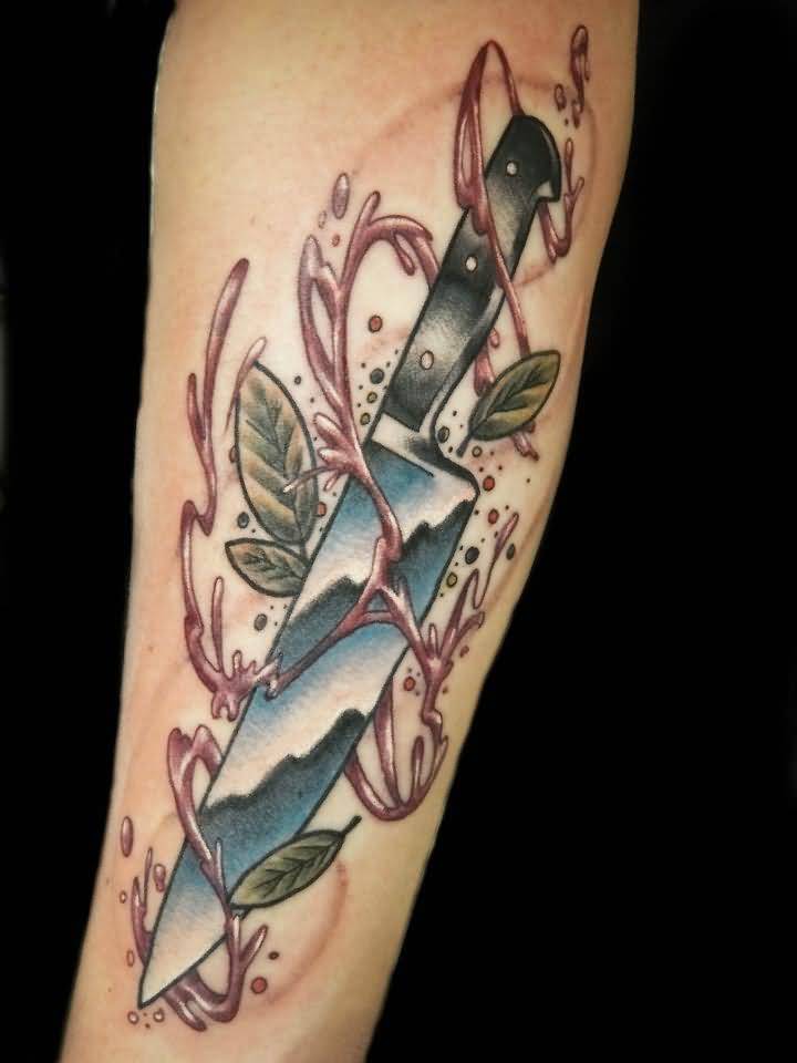 Chef Knife And  With Leaves Traditional Tattoo On Forearm