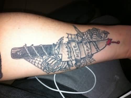 Chef Knife Covered With Lettering Banners And Web With Flowers Tattoo On Forearm