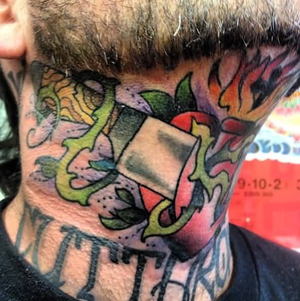 Chef Knife Ripped Fruit Traditional Tattoo On Neck