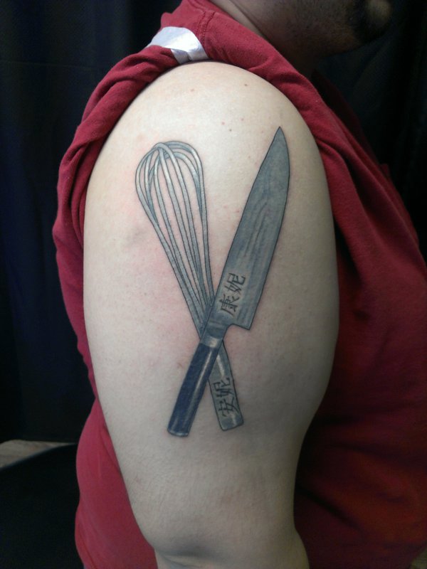 Chef Knife With Egg Beater Tattoo On Half Sleeve
