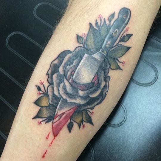 Chef Knife With Rose Tattoo On Arm Sleeve By oldirtybadkata