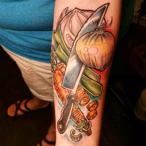 Chef Knife With Vegetables Tattoo On Forearm