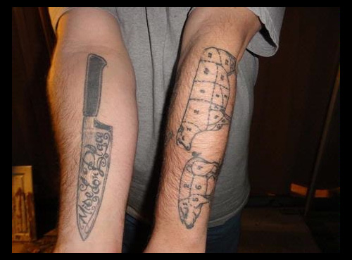 Chef Lettering On Knife And Pig, Cow Tattoo On Both Forearms