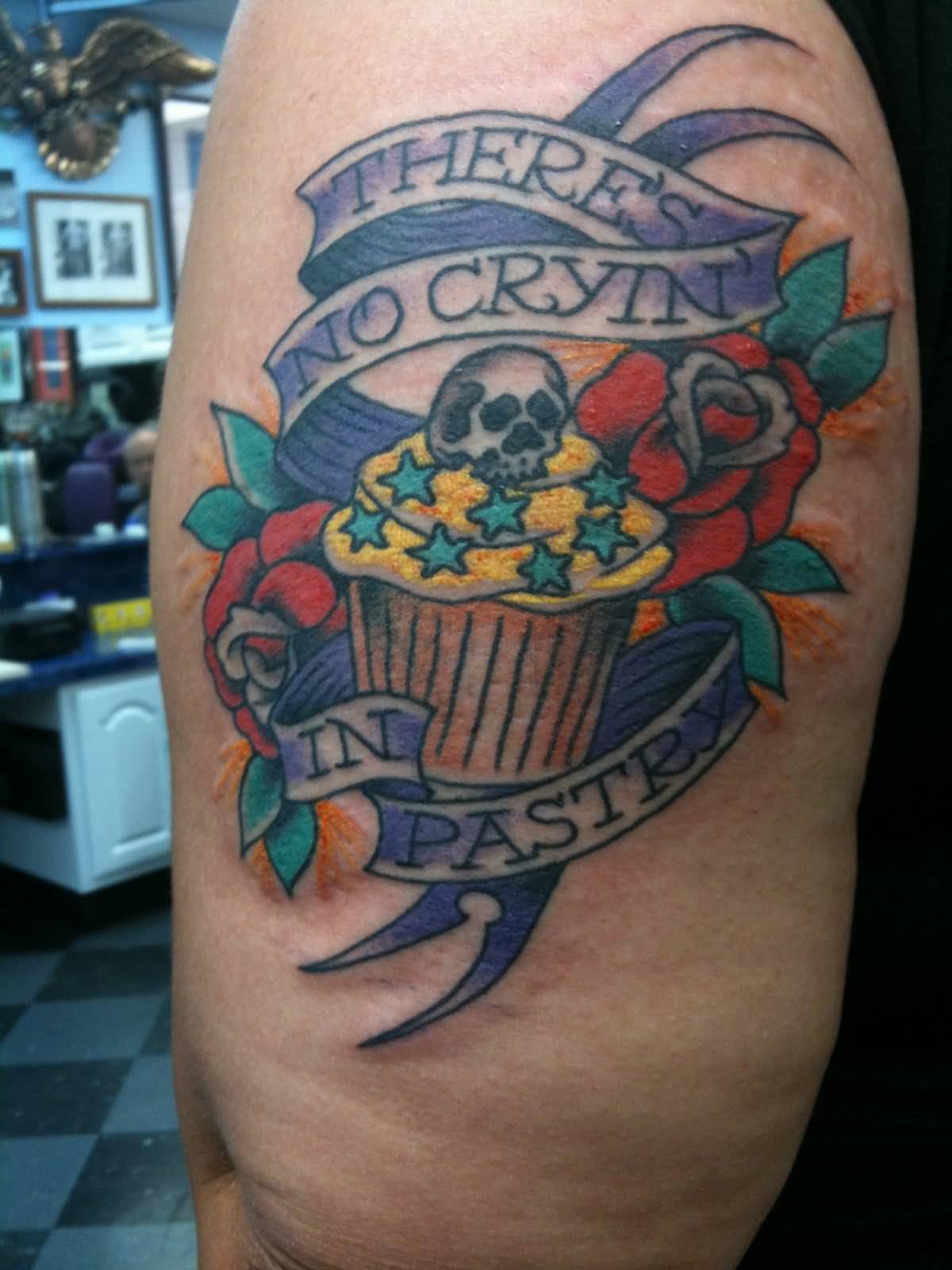 Chef Pastry With Small Skull And Lettering On Banner Tattoo On Half Sleeve
