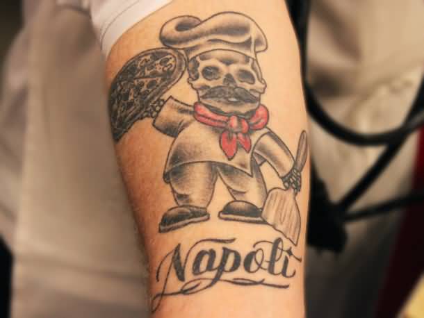 Chef Skeleton With Pizza And Napoli Tattoo On Arm Sleeve