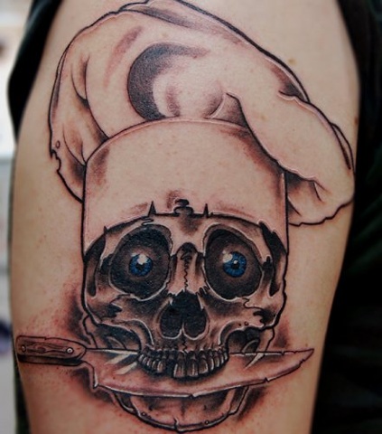 Chef Skull Holding Knife With Mouth Tattoo On Half Sleeve