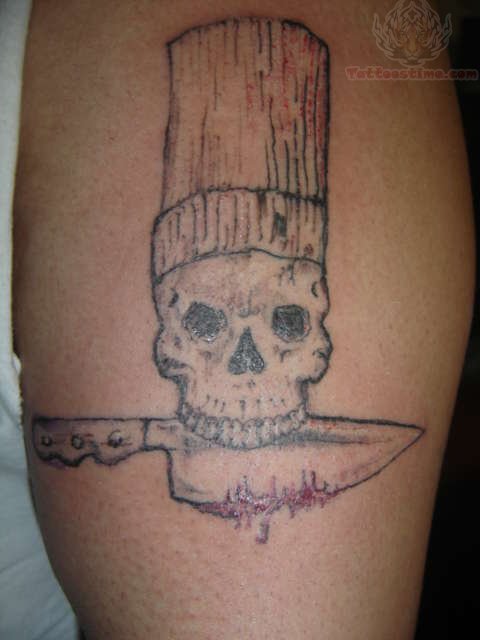 Chef Skull Holding Knife With Mouth Tattoo On Half Sleeve