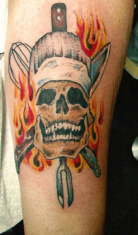 Chef Skull With Crossed Knife  Egg Eater And Flames Tattoo On Arm Sleeve