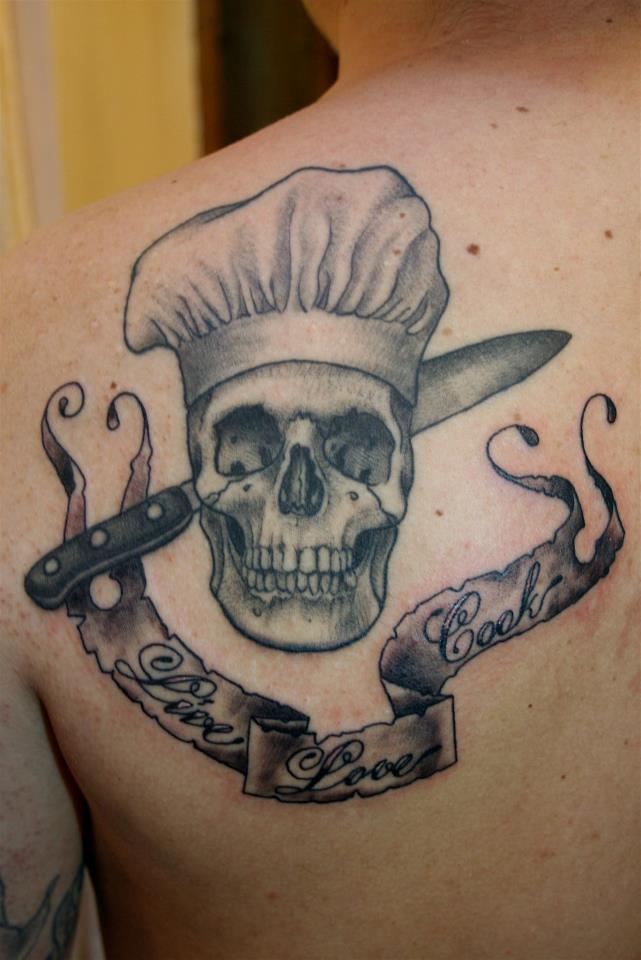 Chef Skull With Knife And Live Love Cook Banner Tattoo on Left Upper Back