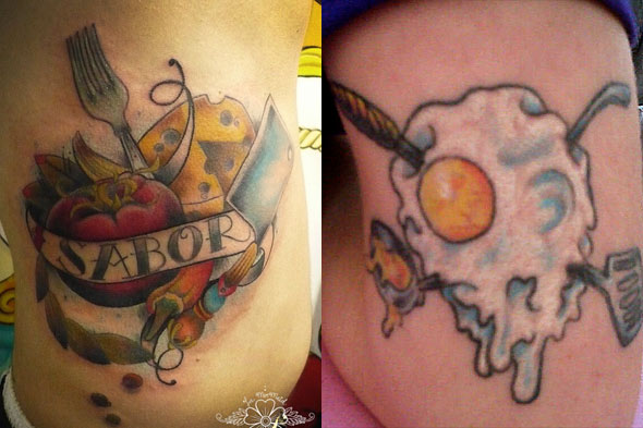 Chef Spoon, Cleaver With Vegetables And Egg Shaped Skull Tattoos