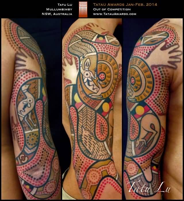 Color Aboriginal Tattoo On Man Right Sleeve