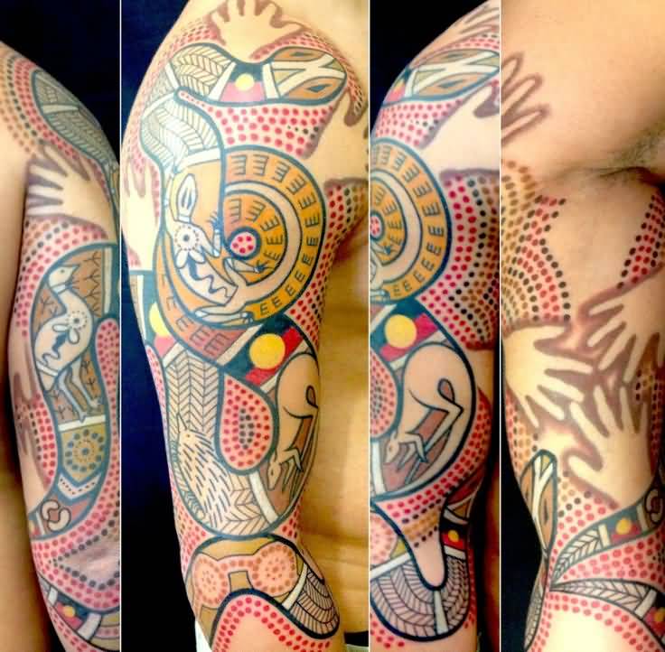 Colored Aboriginal Tattoo On Full Sleeve