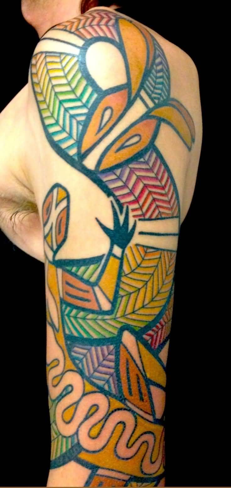 Colored Aboriginal Tattoo On Left Half Sleeve