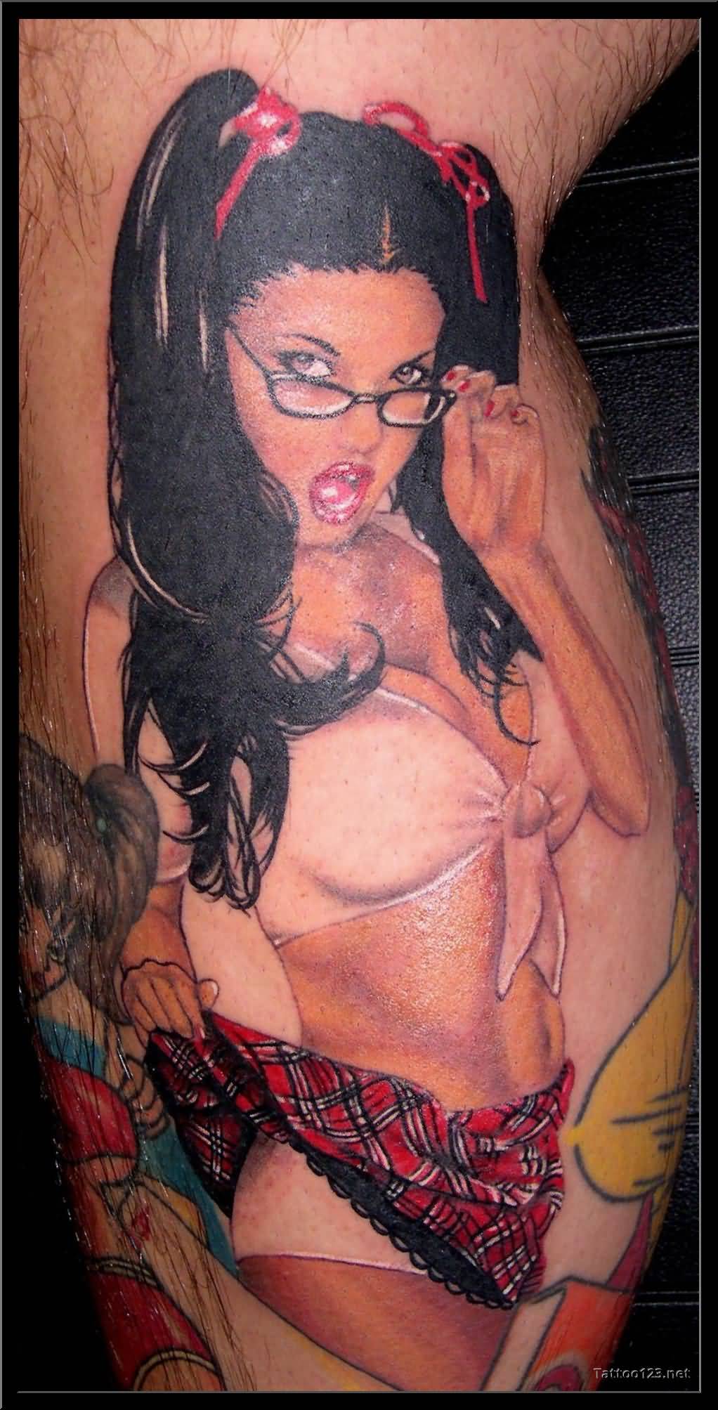 Colored Betty Boop Tattoo On Leg Sleeve