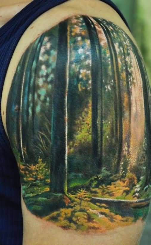 Colored Forest Tattoo On Left Shoulder
