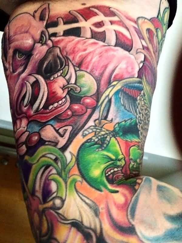 Colorful Angry Boar And Other Vegetables Tattoo