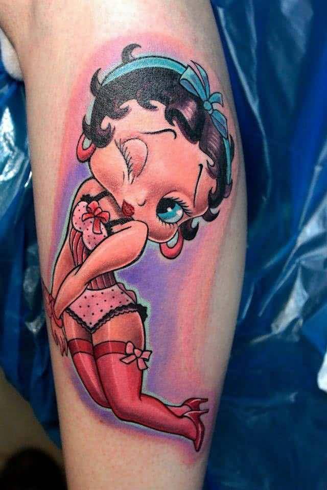 Colorful Betty Boop Tattoo On Leg