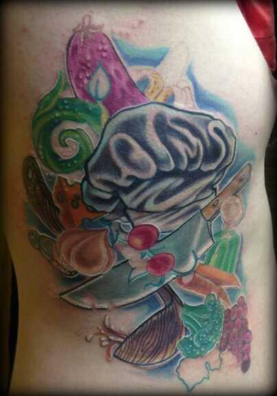 Colorful Chef Cap And Knife With Vegetables Tattoo