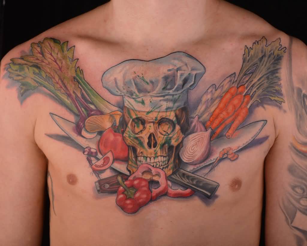 Colorful Chef Skull With Vegetables And Crossed Knives Tattoo On Chest