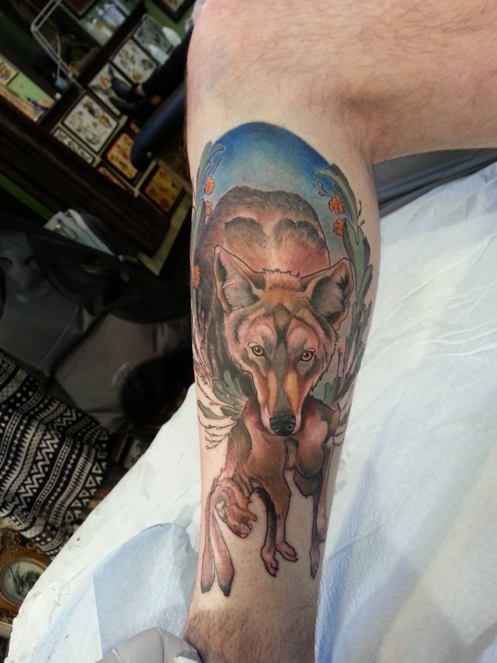Colorful Coyote Tattoo On Leg