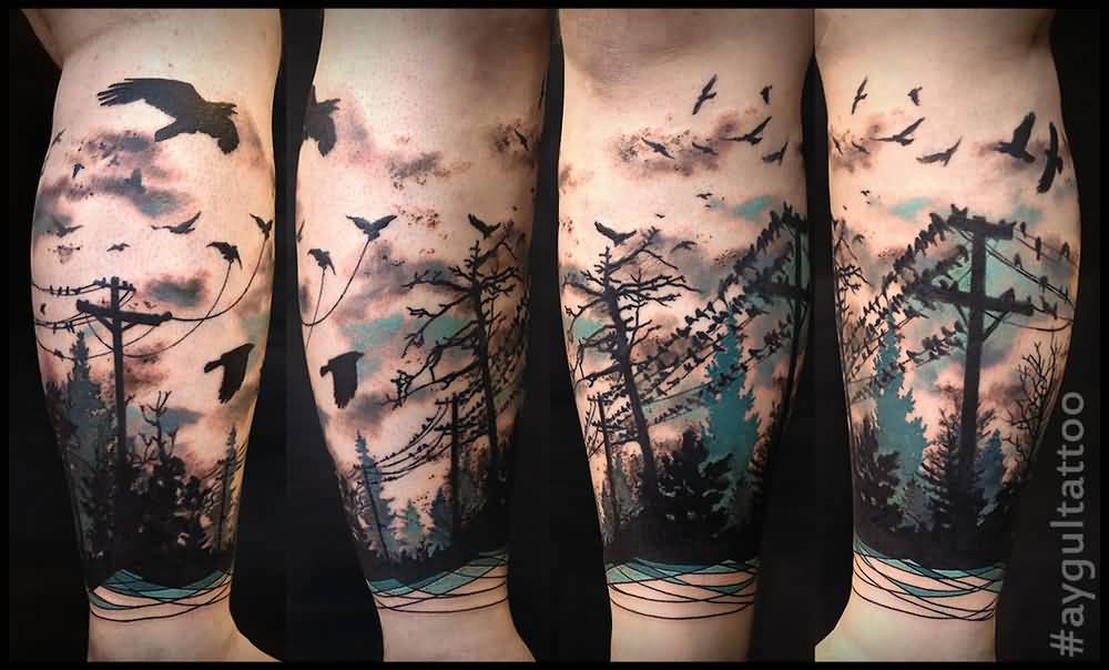 Colorful Flying Birds And Forest Tattoo On Arm