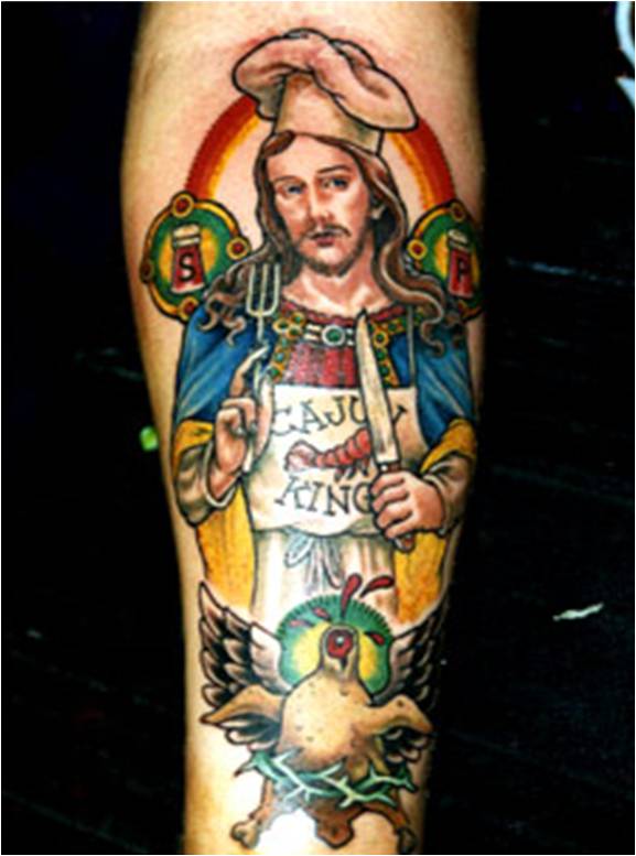 Colorful Jesus Chef With Meat With Angel Wings Tattoo On Forearm