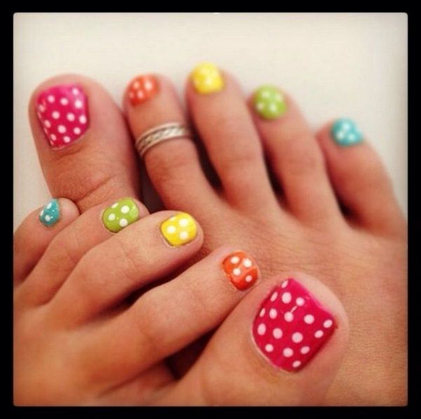 Colorful Nails With White Polka Dots Nail Art For Toe