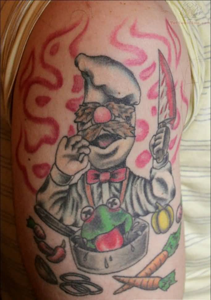 Colorful Swedish Chef With Dead Frog And Vegetables Tattoo On Half Sleeve