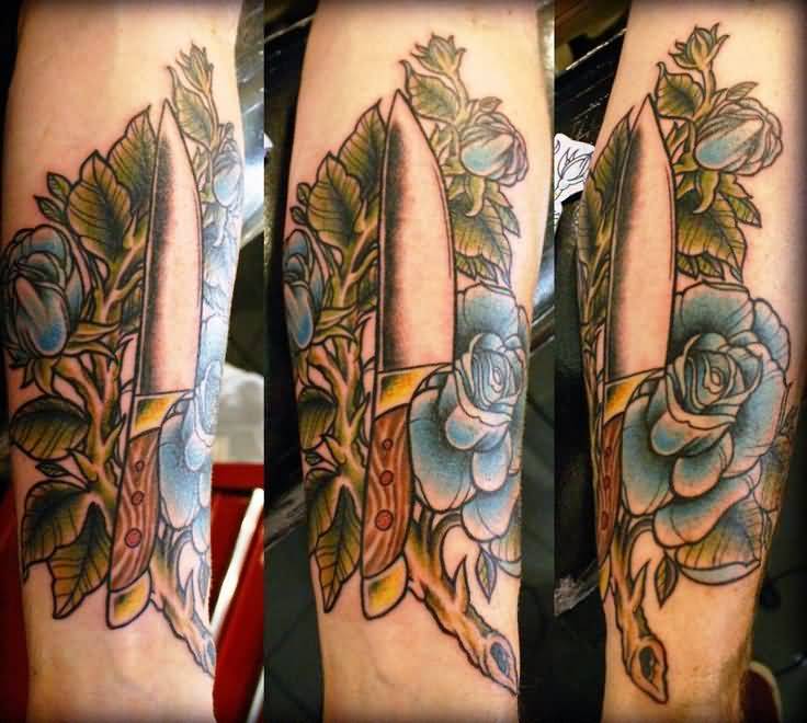 Cool Chef Knife With Blue Flower Tattoo On Arm Sleeve