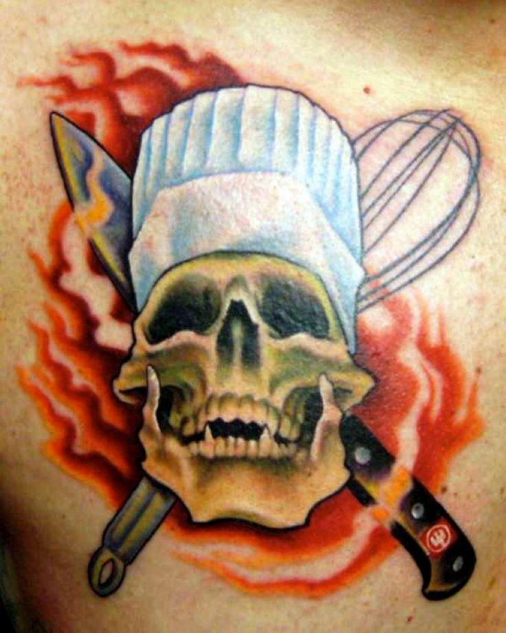 Cool Chef Tattoo With Cross Egg Beater and Knife With Flames Tattoo