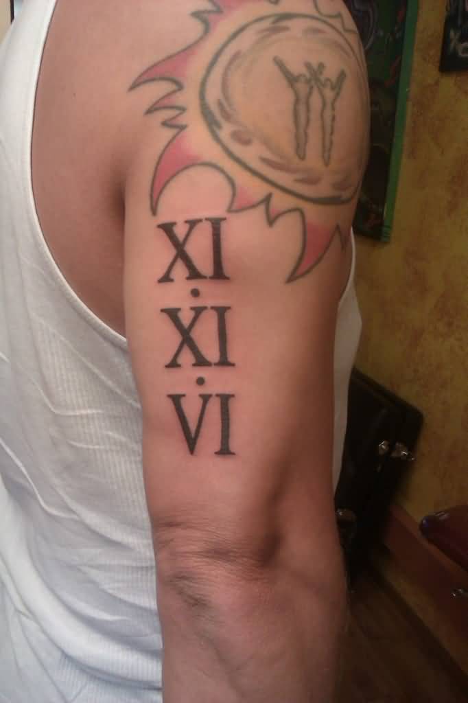 Cool Roman Numerals With Symbol In Sun Tattoo On Right Shoulder