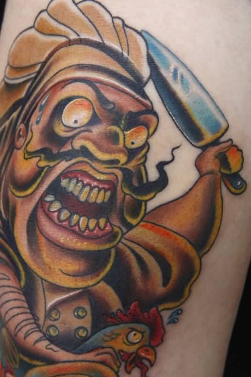 Crazy Chef With Knife And Hen Traditional Tattoo