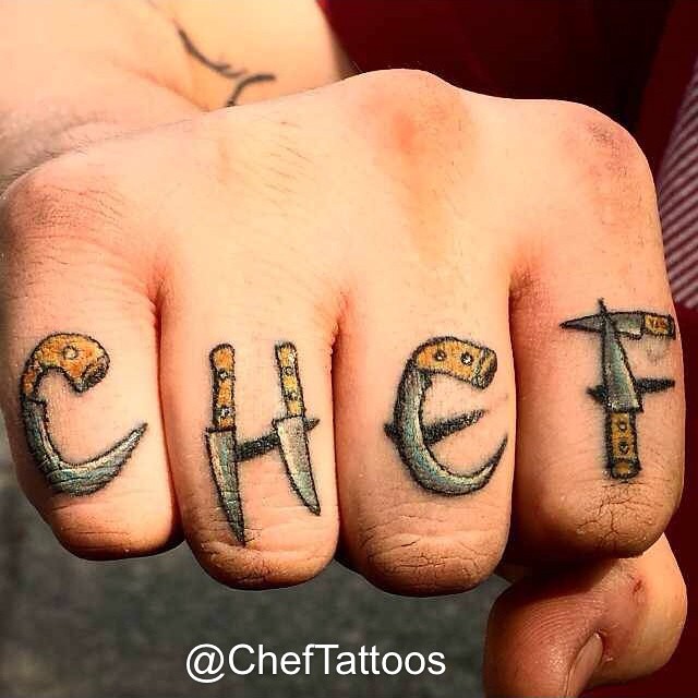 Creative Chef Written With Knives On Fingers Tattoo