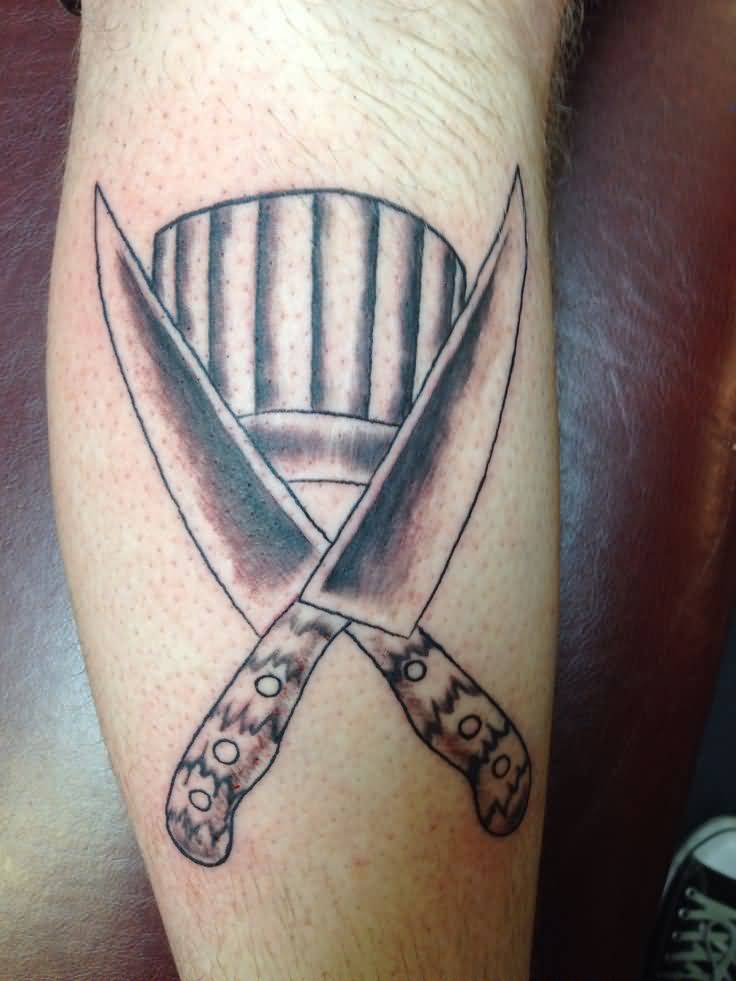 Cross Knives With Chef Hat Tattoo On Forearm